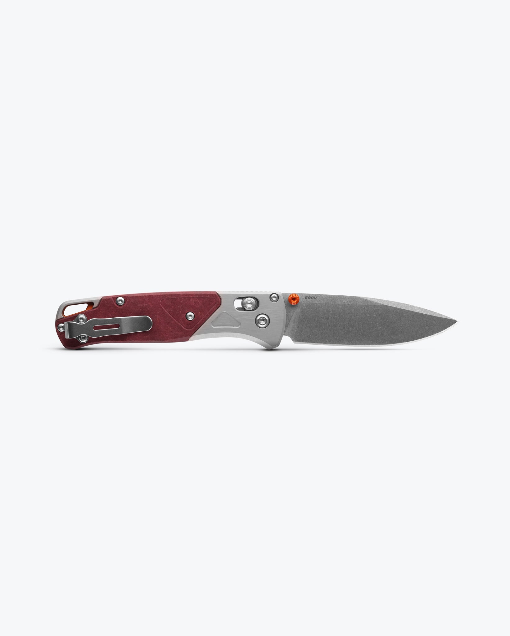 Benchmade 535-09 Bugout gray aluminum and Redstone Richlite handle with orange anodized thumb stud and backspacer detail — ClassicBlades