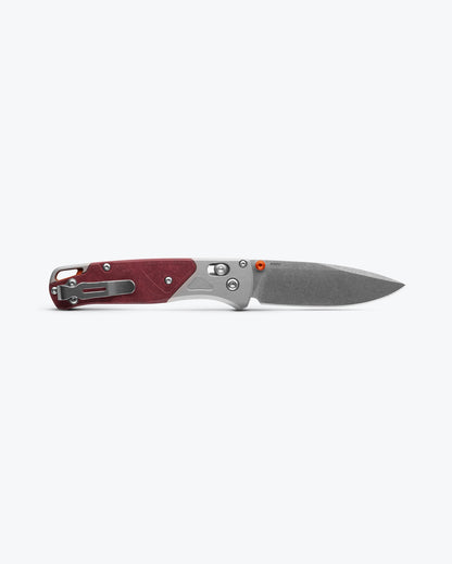 Benchmade 535-09 Bugout gray aluminum and Redstone Richlite handle with orange anodized thumb stud and backspacer detail — ClassicBlades