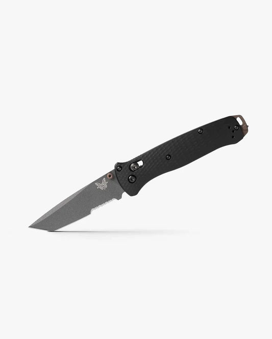 Benchmade 537SGY-03 Bailout tactical folding knife with black aluminum handle and gray serrated tanto blade