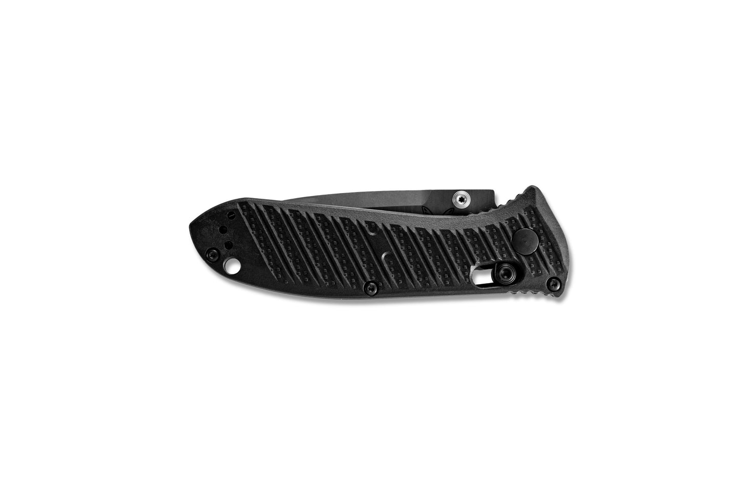 Benchmade 575-1 Mini Presidio II milled black CF-Elite handle  closed showing stainless steel liners, AXIS Lock and lanyard hole — ClassicBlades