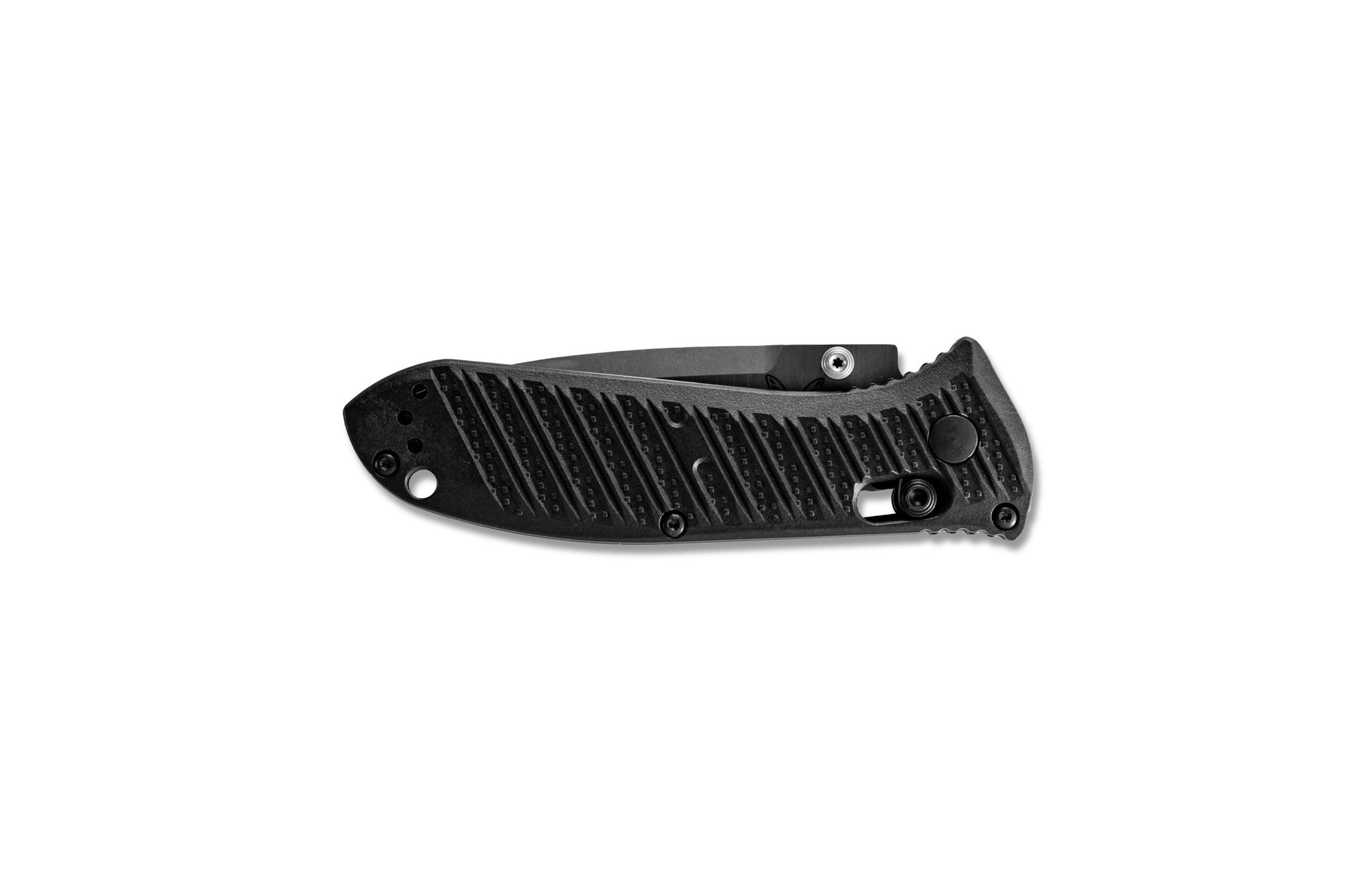 Benchmade 575-1 Mini Presidio II milled black CF-Elite handle  closed showing stainless steel liners, AXIS Lock and lanyard hole — ClassicBlades