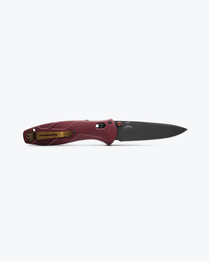 Benchmade 581BK-04 Barrage Redstone Richlite handle with burnt copper thumb stud, lanyard hole and spine safety detail — ClassicBlades

