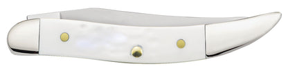 Case 60180 SparXX Small Texas Toothpick jigged white synthetic handle detail with glimmering red Case shield and nickel silver bolsters — ClassicBlades