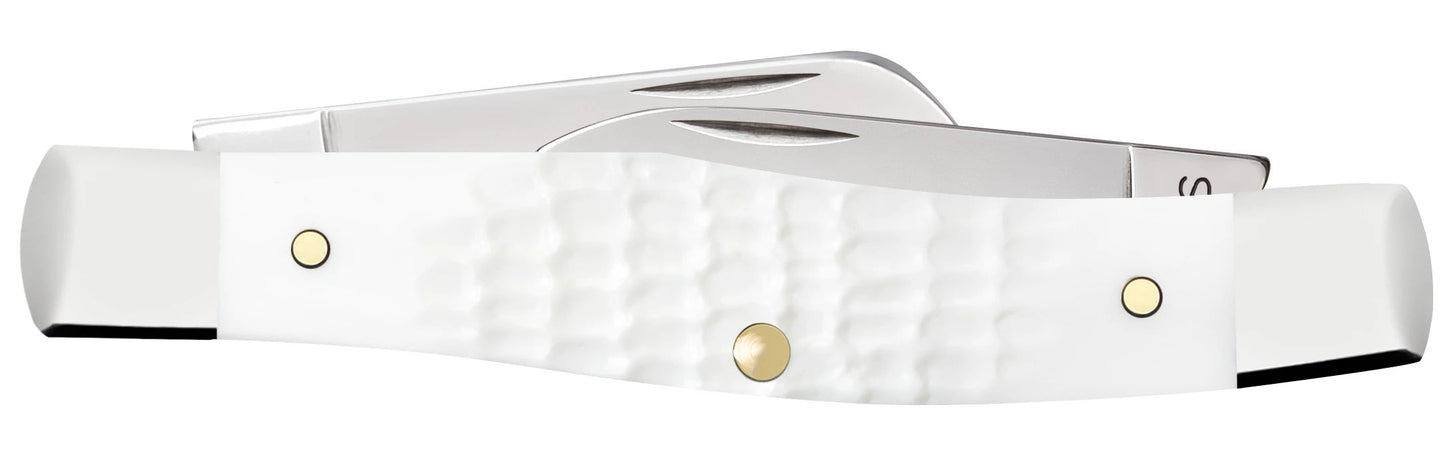 Case 60184 SparXX Medium Stockman jigged white synthetic handle detail with glimmering red Case shield and nickel silver bolsters — ClassicBlades