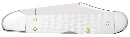Case 60185 SparXX Mini CopperLock jigged white synthetic handle detail with brass pins, nickel silver bolsters and red shield — ClassicBlades
