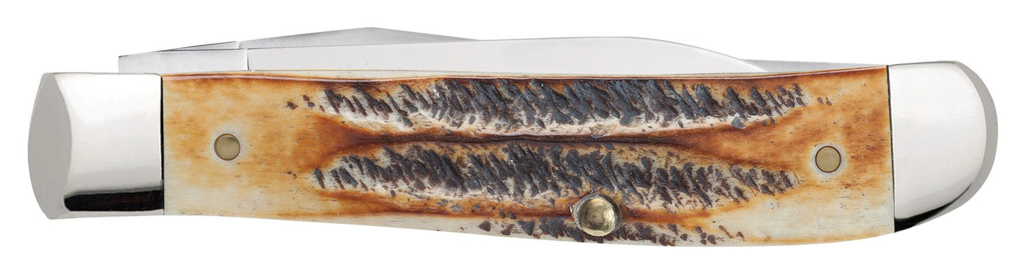 Case 65305 6.5 BoneStag handle detail showing hand-flamed honey and amber tones with stag antler jigging pattern — ClassicBlades