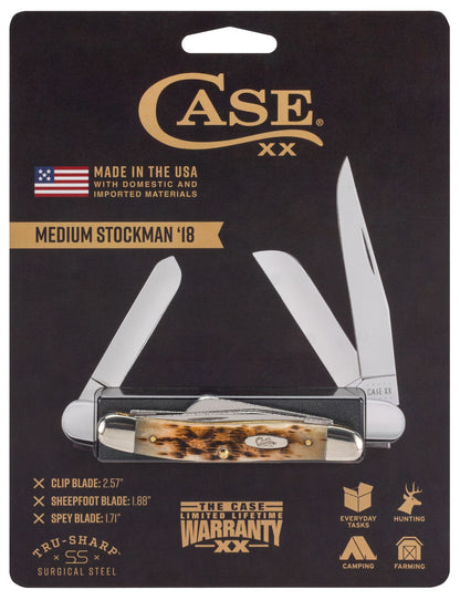 Case 00042 Medium Stockman pocket knife with peach seed jigged amber bone handle and nickel silver bolsters — ClassicBlades