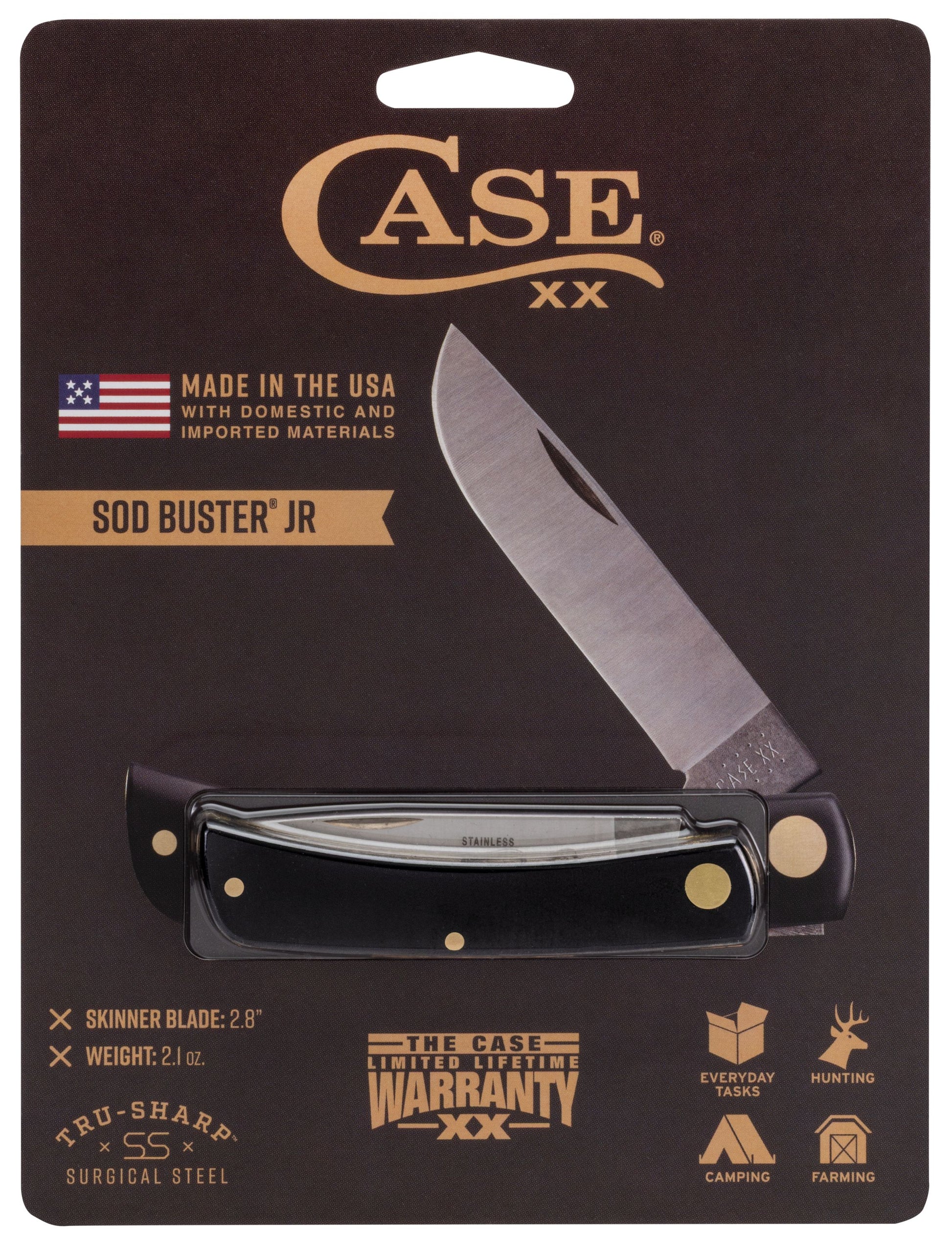 Case 00095 Sod Buster Jr pocket knife with smooth black synthetic handle and stainless skinner blade — ClassicBlades