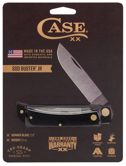 Case 00095 Sod Buster Jr pocket knife with smooth black synthetic handle and stainless skinner blade — ClassicBlades