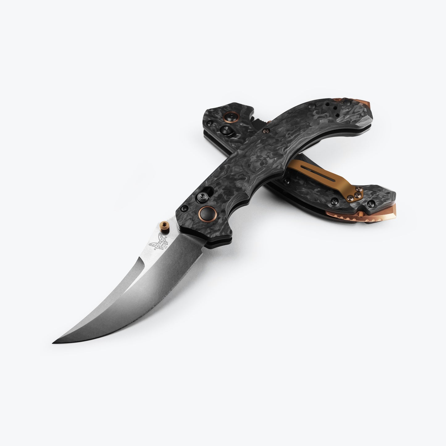 Benchmade 865-02 Mini Bedlam tactical folding knife with marbled carbon fiber handle and dark copper PVD hardware — ClassicBlades