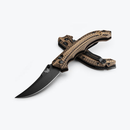 Benchmade 865BK-01 Mini Bedlam tactical folding knife with layered coyote black OD green G10 handle and dark copper pocket clip — ClassicBlades