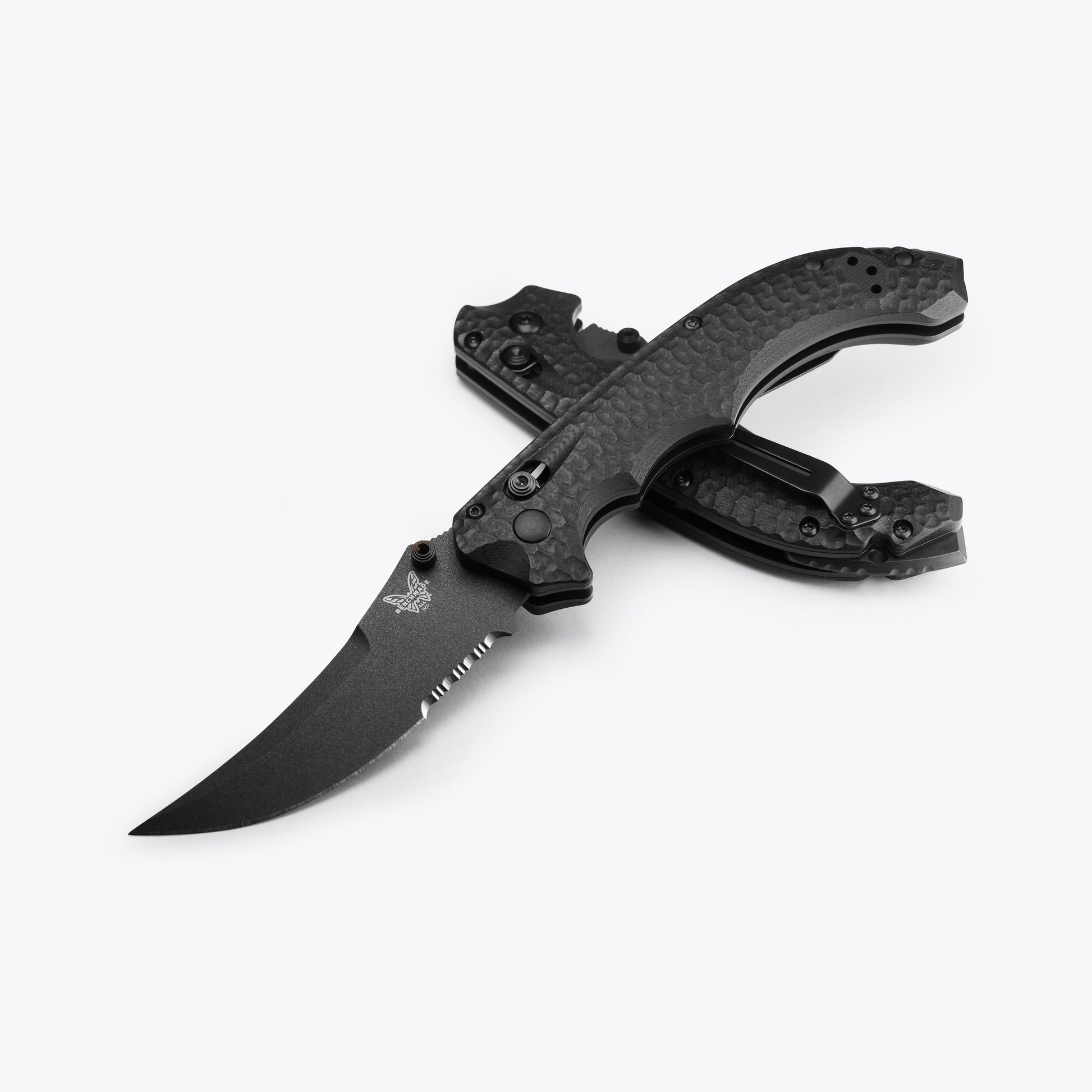 Benchmade 865SBK Mini Bedlam tactical folding knife with aggressively textured black G10 handle and Graphite Black scimitar blade — ClassicBlades