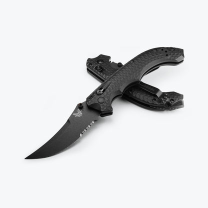 Benchmade 865SBK Mini Bedlam tactical folding knife with aggressively textured black G10 handle and Graphite Black scimitar blade — ClassicBlades