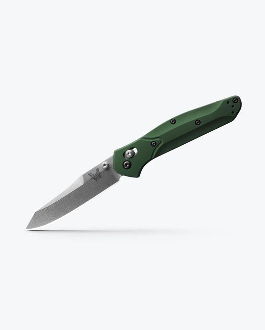Benchmade 940 Osborne green aluminum handle folding knife open view