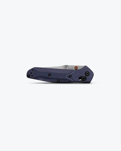 Benchmade 945-04 Mini Osborne closed showing 3.84 inch profile with denim Micarta handle and deep-carry clip — ClassicBlades