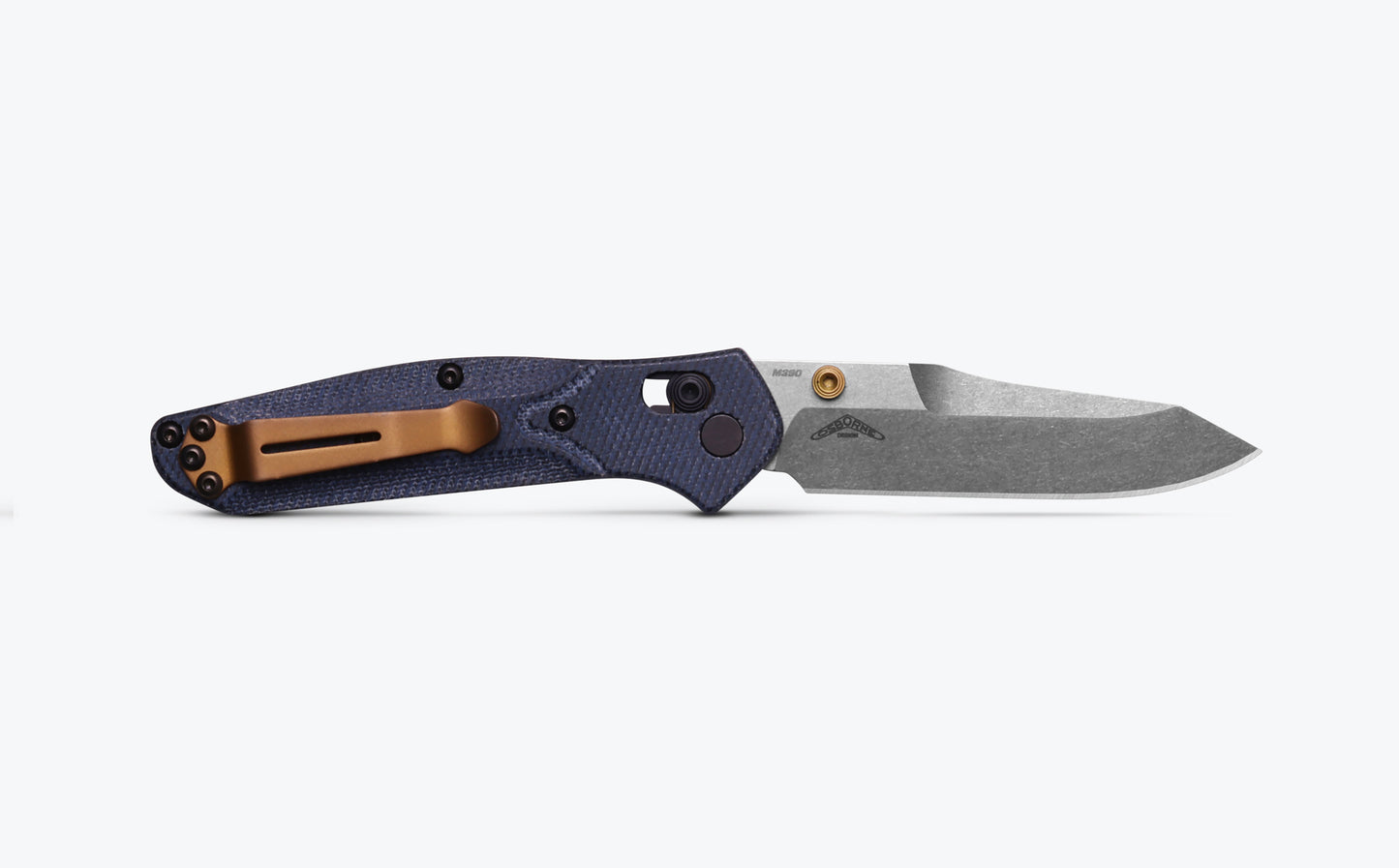 Benchmade 945-04 Mini Osborne denim Micarta handle scales showing natural texture and AXIS Lock detail — ClassicBlades