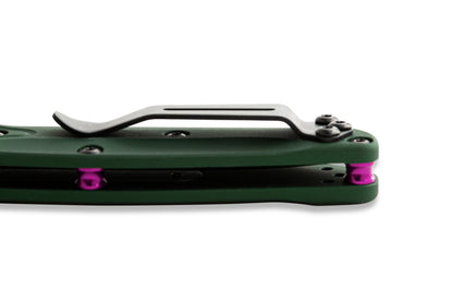 Benchmade 945 Mini Osborne green anodized aluminum handle with purple backspacer and AXIS Lock detail — ClassicBlades

