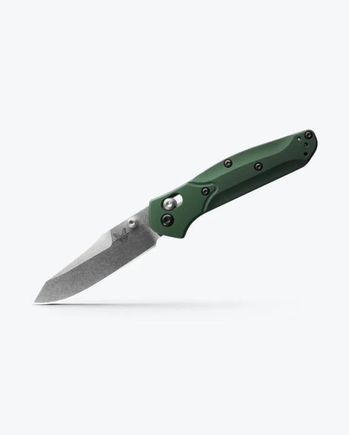 Benchmade 945 Mini Osborne folding knife with green anodized aluminum handle and purple backspacers — ClassicBlades