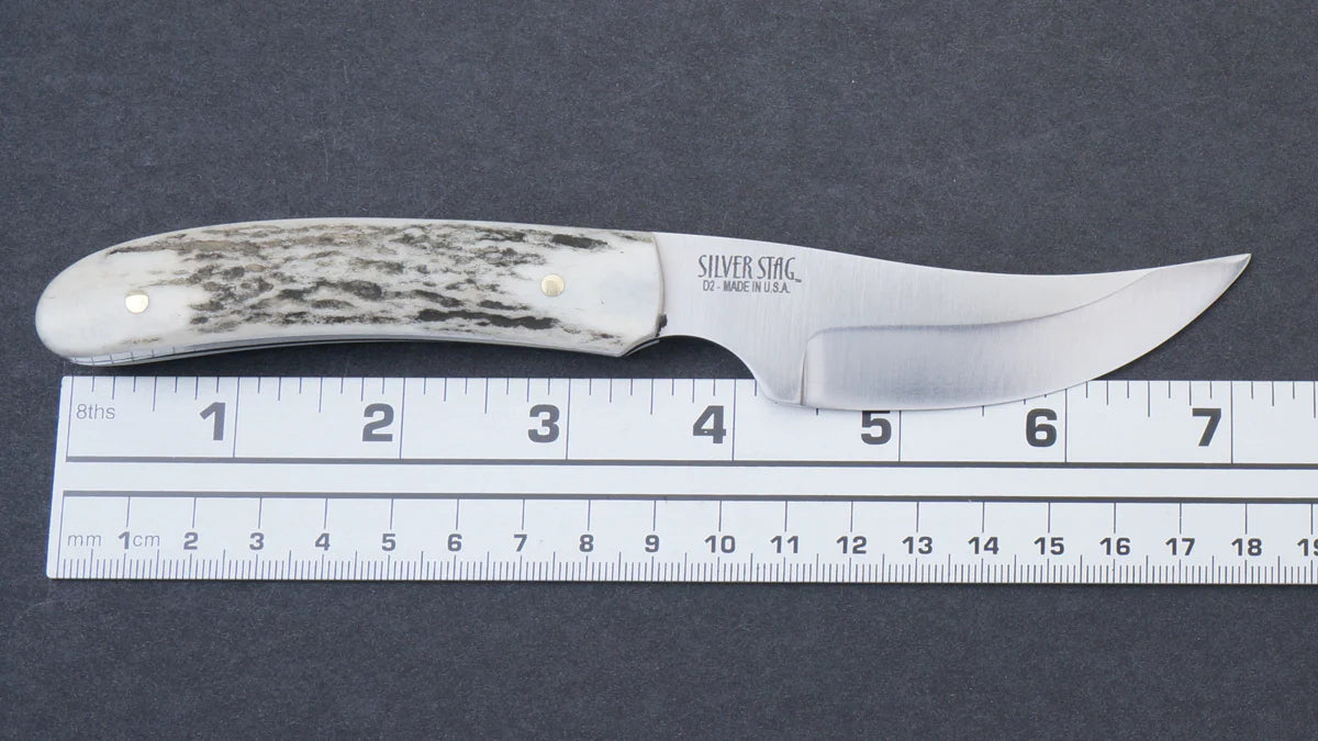 Silver Stag BWP3.0 Backwoods Pro 3 inch D2 tool steel trailing point blade at 62 HRC hardness detail — ClassicBlades