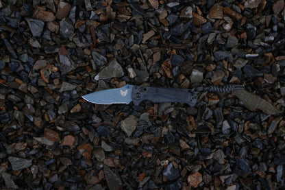 Benchmade 18065SBT-01 Mini Adira folding knife with tempest gray Grivory handle and blue Cerakote blade