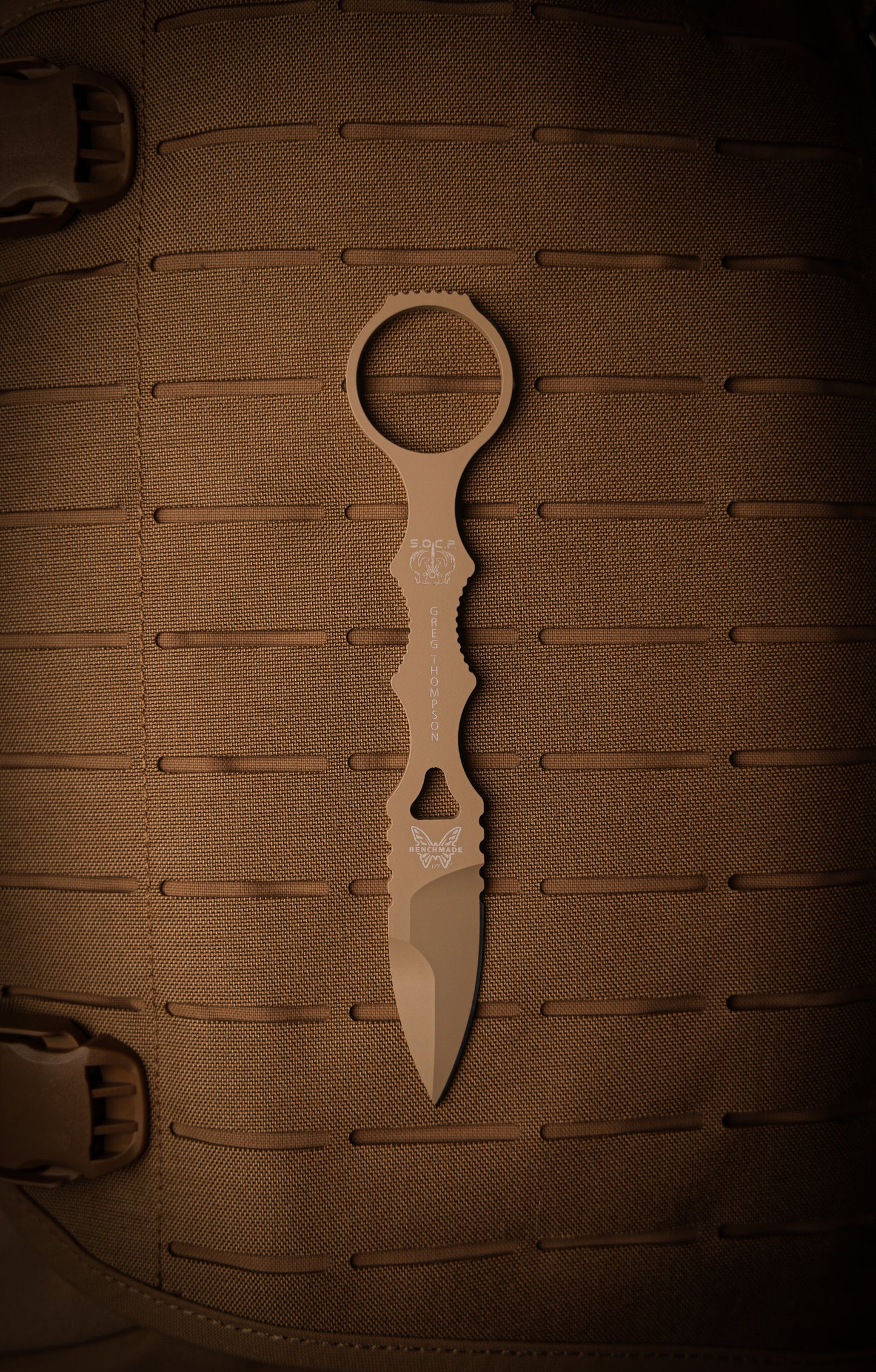 Benchmade 177SN SOCP MINI-DAGGER, FDE CERAKOTE, TAN SHEATH| 440C Stainless Steel