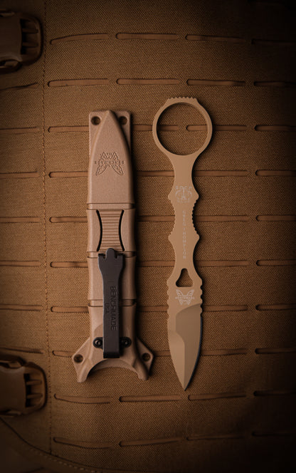 Benchmade 177SN SOCP MINI-DAGGER, FDE CERAKOTE, TAN SHEATH| 440C Stainless Steel