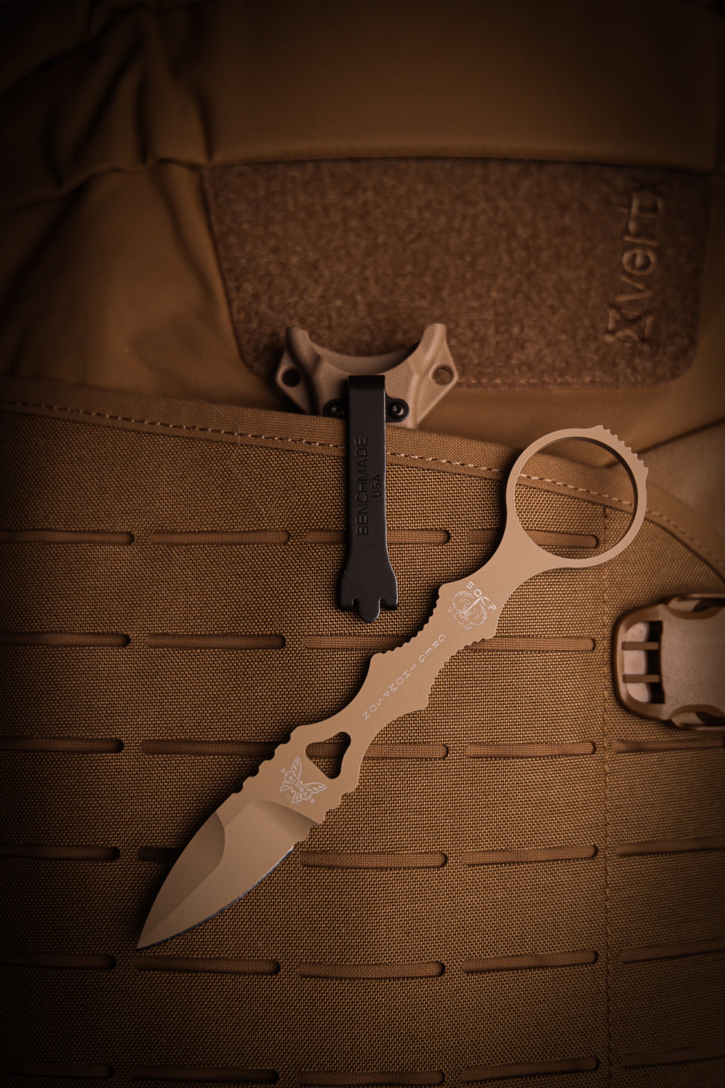 Benchmade 177SN SOCP MINI-DAGGER, FDE CERAKOTE, TAN SHEATH| 440C Stainless Steel