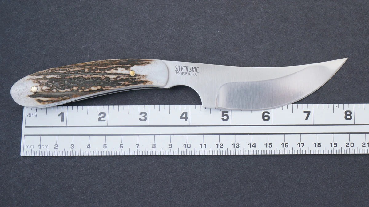 Silver Stag SS4.0 Smith Slab 4 inch D2 tool steel upswept skinner blade at 62 HRC hardness detail — ClassicBlades