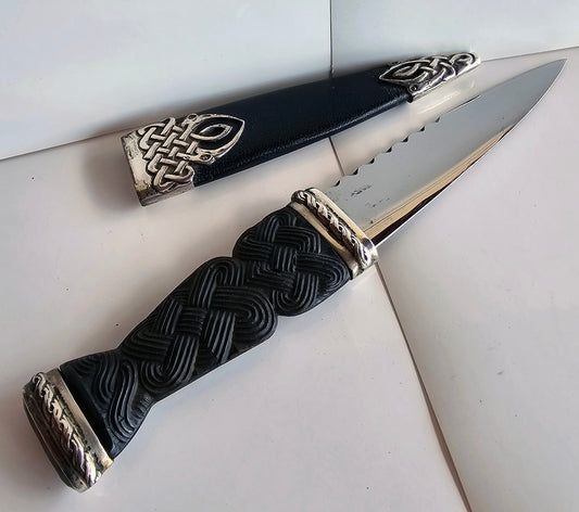 Vintage 1949 Scottish Sgian Dubh Silver Ornate Accents Jewelled End Carved Bone Handle