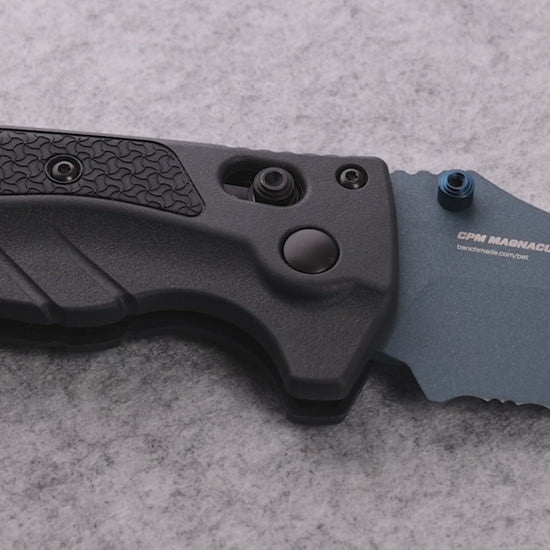 Benchmade 18065SBT-01 Mini Adira folding knife with tempest gray Grivory handle and blue Cerakote blade