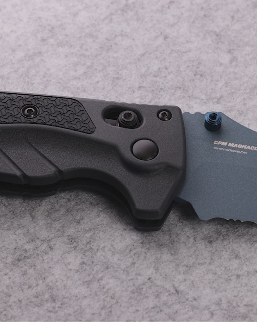 Benchmade 18065SBT-01 Mini Adira folding knife with tempest gray Grivory handle and blue Cerakote blade