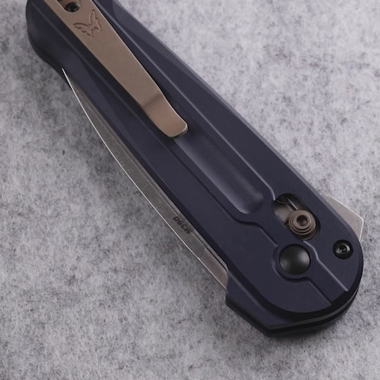 Benchmade 491 Lowden AXIS Lock flipper knife with crater blue aluminum handle and FDE pocket clip — ClassicBlades