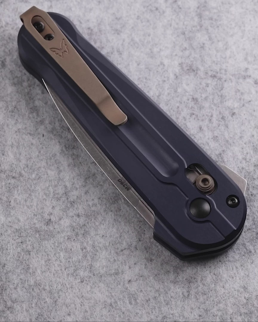 Benchmade 491 Lowden AXIS Lock flipper knife with crater blue aluminum handle and FDE pocket clip — ClassicBlades