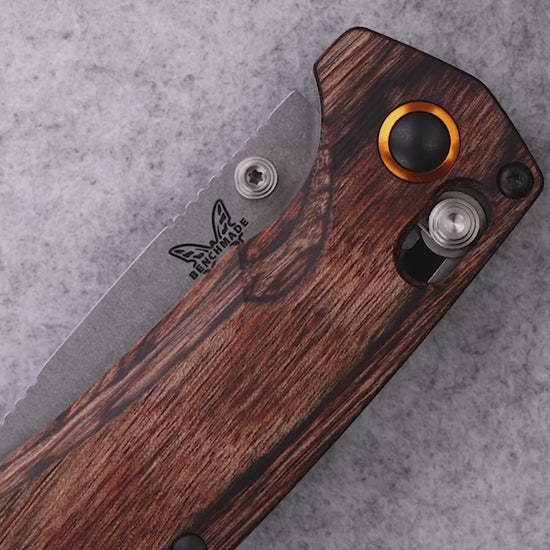 Benchmade 15032 North Fork folding hunting knife with stabilized maple wood handle and orange accents