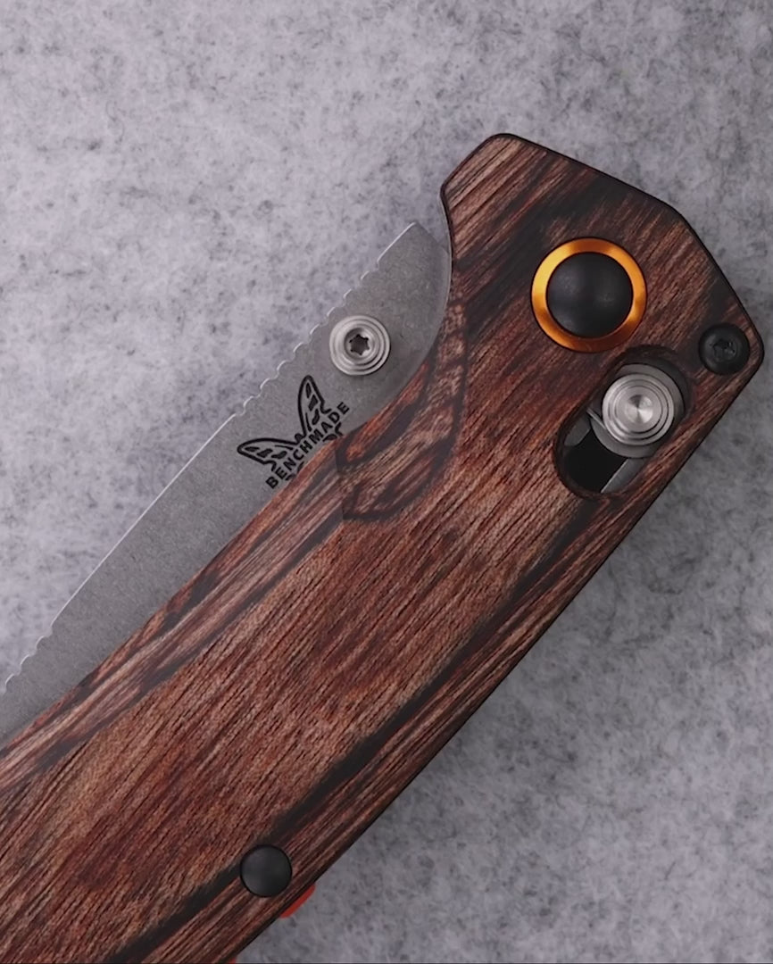 Benchmade 15032 North Fork folding hunting knife with stabilized maple wood handle and orange accents